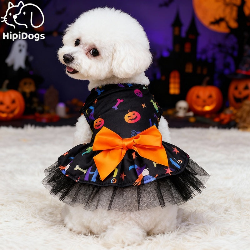 Halloween Dog Dress – Skull & Pumpkin Print Pet Costume with Bow and Tulle Skirt