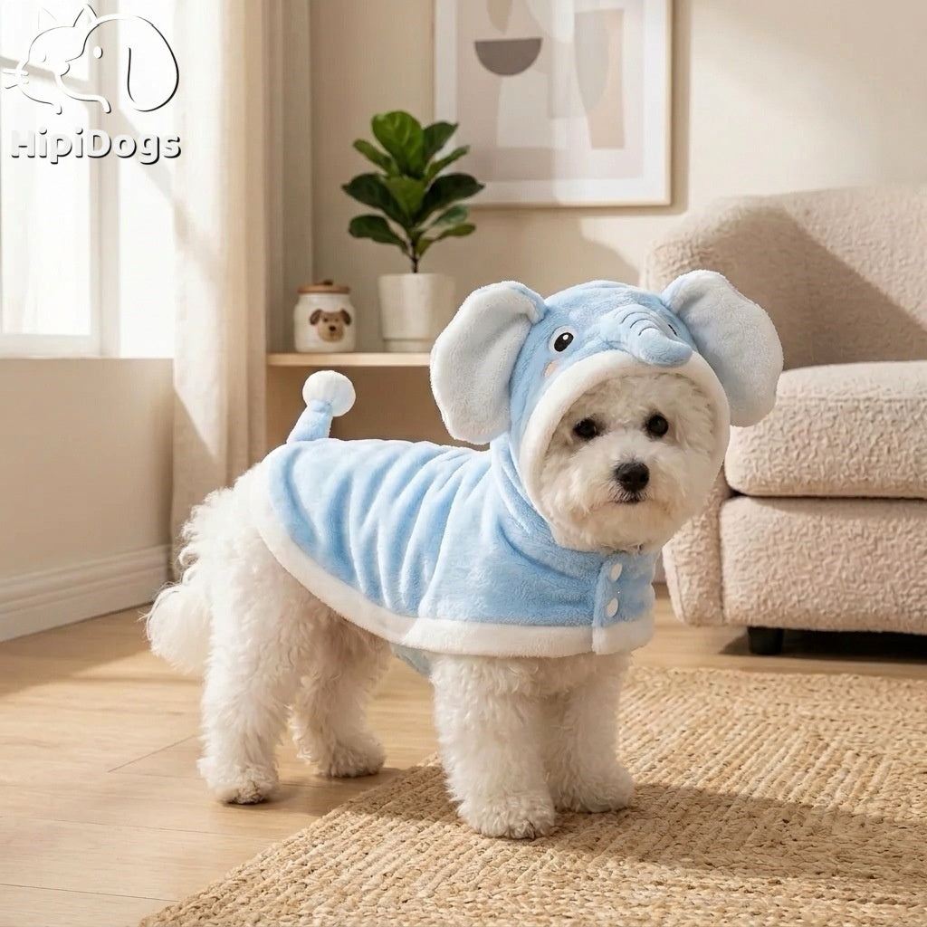 Cute Plush Dog Hoodie – Warm Animal Costume Jacket with Hood, Ears & Pom Pom Tail for Small Dogs
