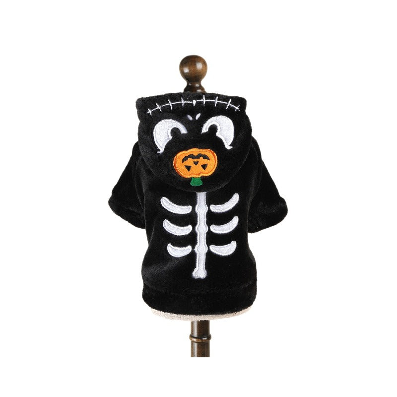 Halloween Dog Costume – Black Skeleton Hoodie with Pumpkin Hood for Small Dogs
