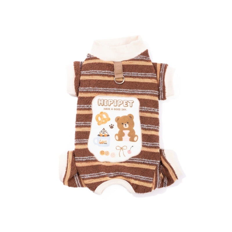 Striped Four-Leg Pet Jumpsuit – Cozy Dog Pajamas with Cartoon Patch & Leash D-Ring