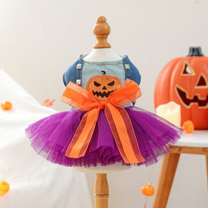 Halloween Pumpkin Tutu Dog Dress – Purple Tulle Pet Costume with Denim Bodice