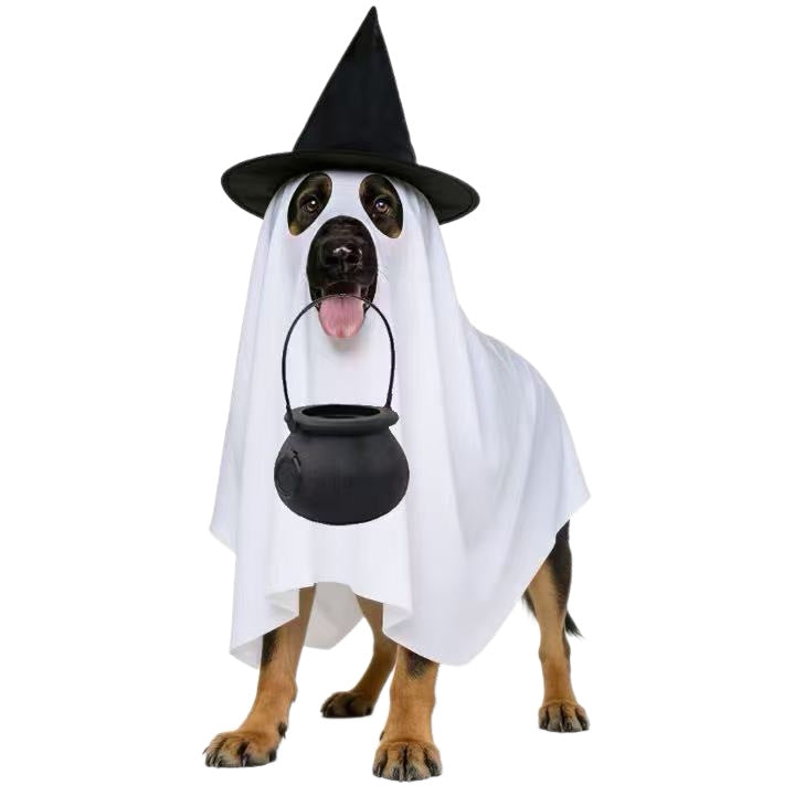 Halloween Ghost Dog Costume with Witch Hat – White Sheet Pet Costume