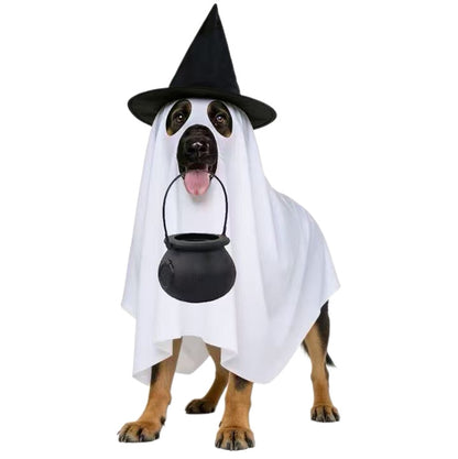 Halloween Ghost Dog Costume with Witch Hat – White Sheet Pet Costume