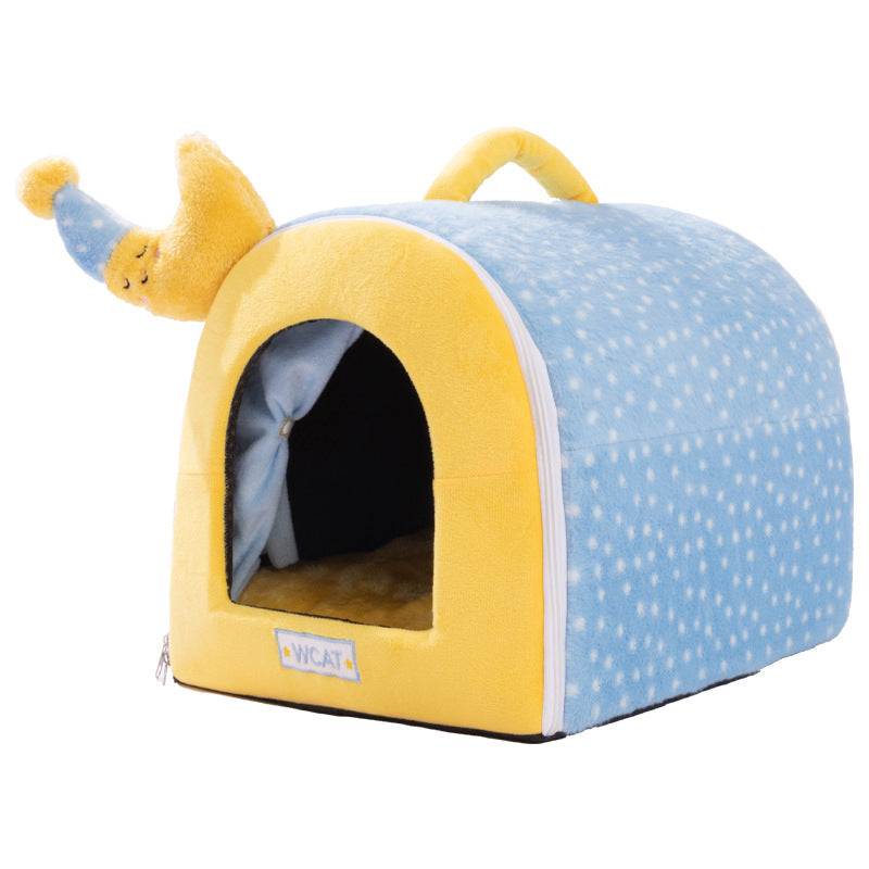 Cozy Enclosed Dog House Bed – Warm Plush Pet Cave with Curtains & Carry Handle for Dogs and Cats