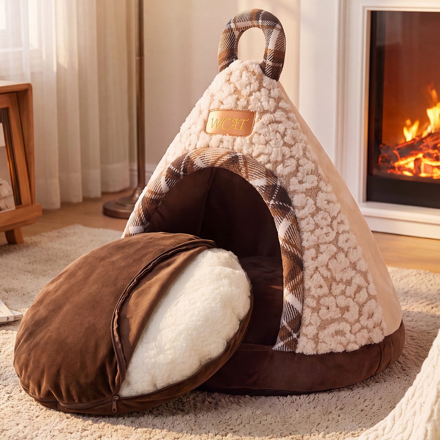 Cozy Plaid Sherpa Pet Teepee Bed – Warm Fleece Cat & Dog Tent House with Soft Cushion