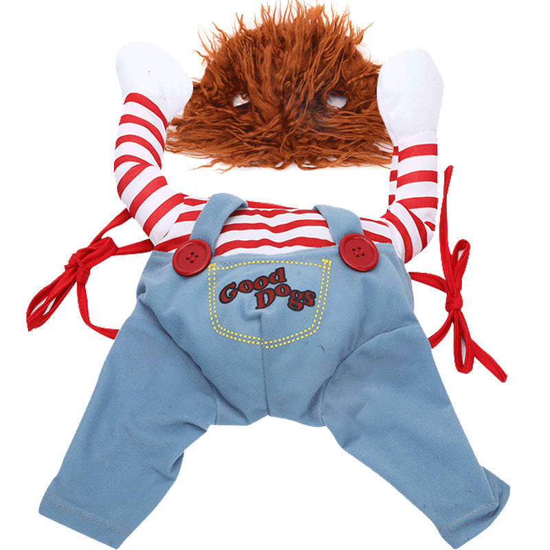 Killer Doll Dog Costume – Halloween Pet Costume with Red Striped Shirt, Overalls & Orange Wig