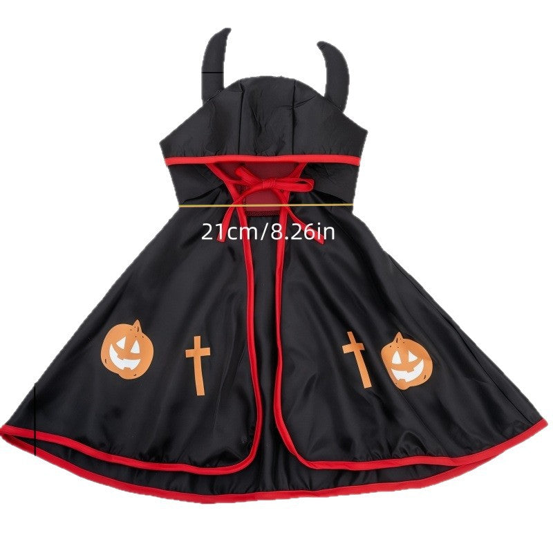 Devil Dog Halloween Costume – Horned Hooded Cape with Pumpkin & Cross Print