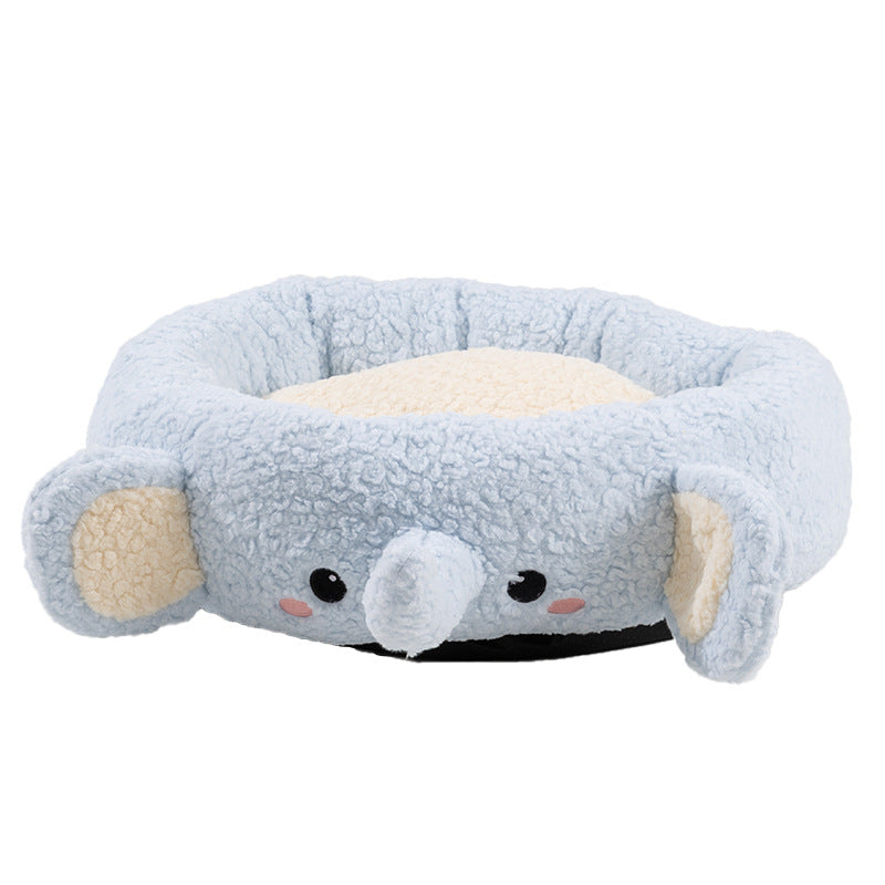 Cute Cartoon Plush Pet Bed for Dogs & Cats – Cozy Round Nest with Raised Sides