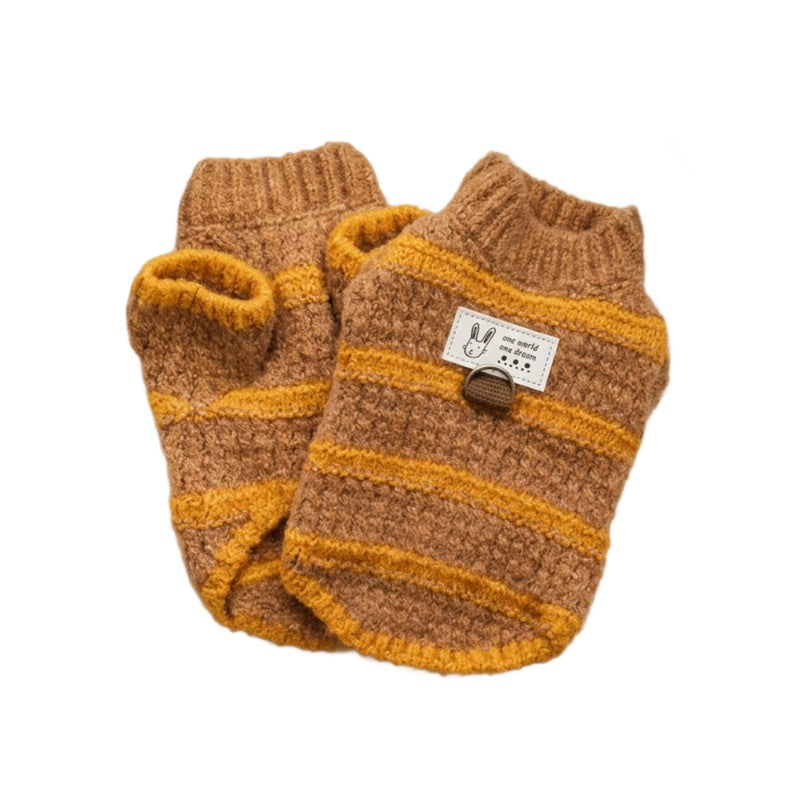 Cozy Striped Knit Dog Sweater – Soft Turtleneck Puppy Pullover with Leash Ring Detail