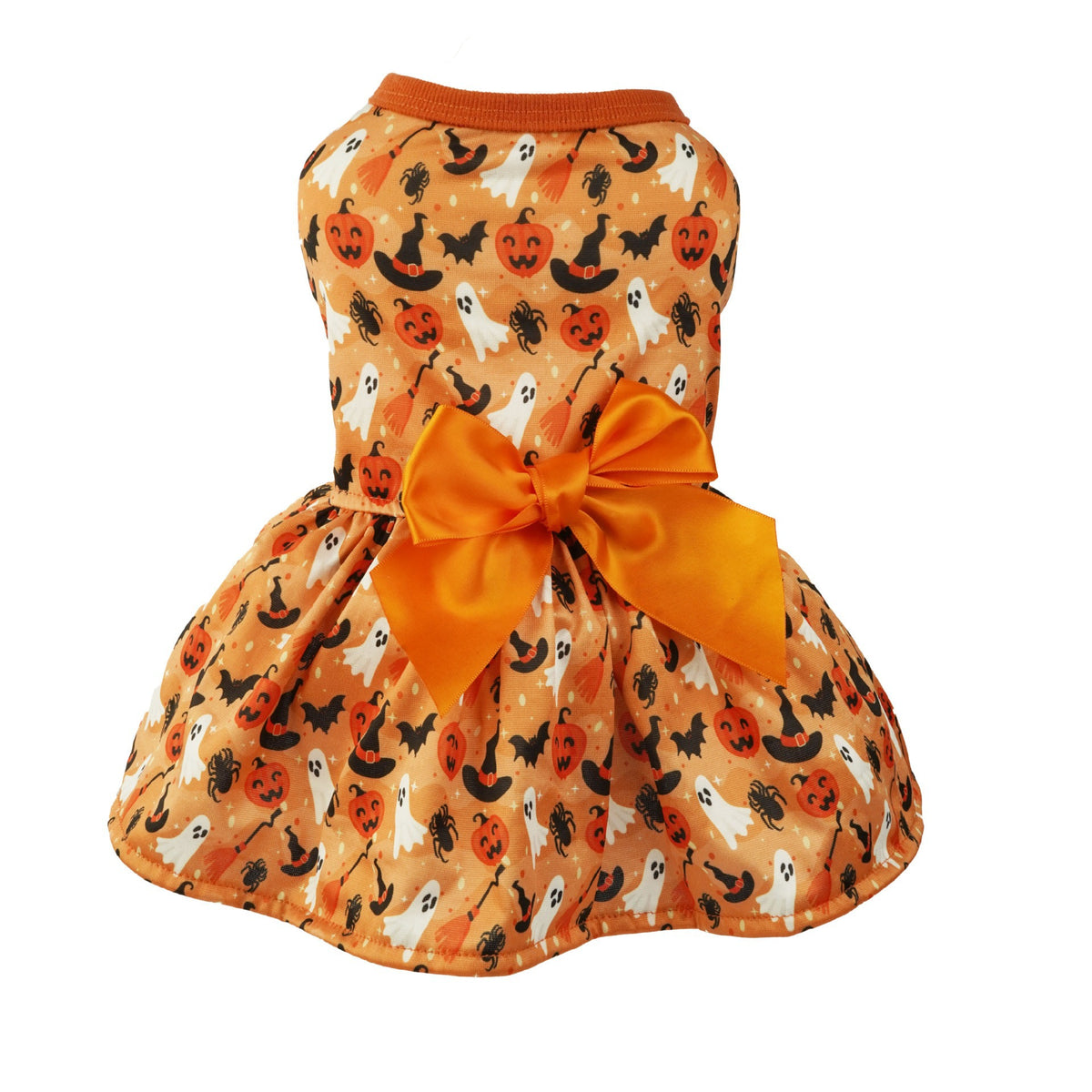 Orange Halloween Dog Dress – Pumpkin, Ghost & Bat Print Pet Costume with Satin Bow