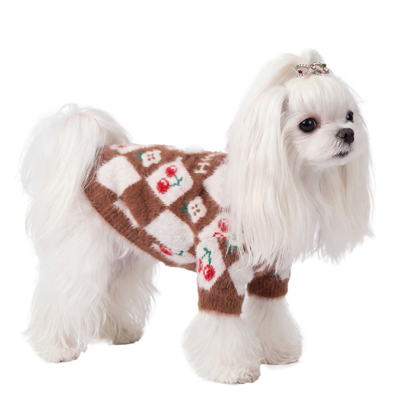 Cozy Cherry Argyle Dog Sweater – Soft Fuzzy Knit Pullover for Cool Weather
