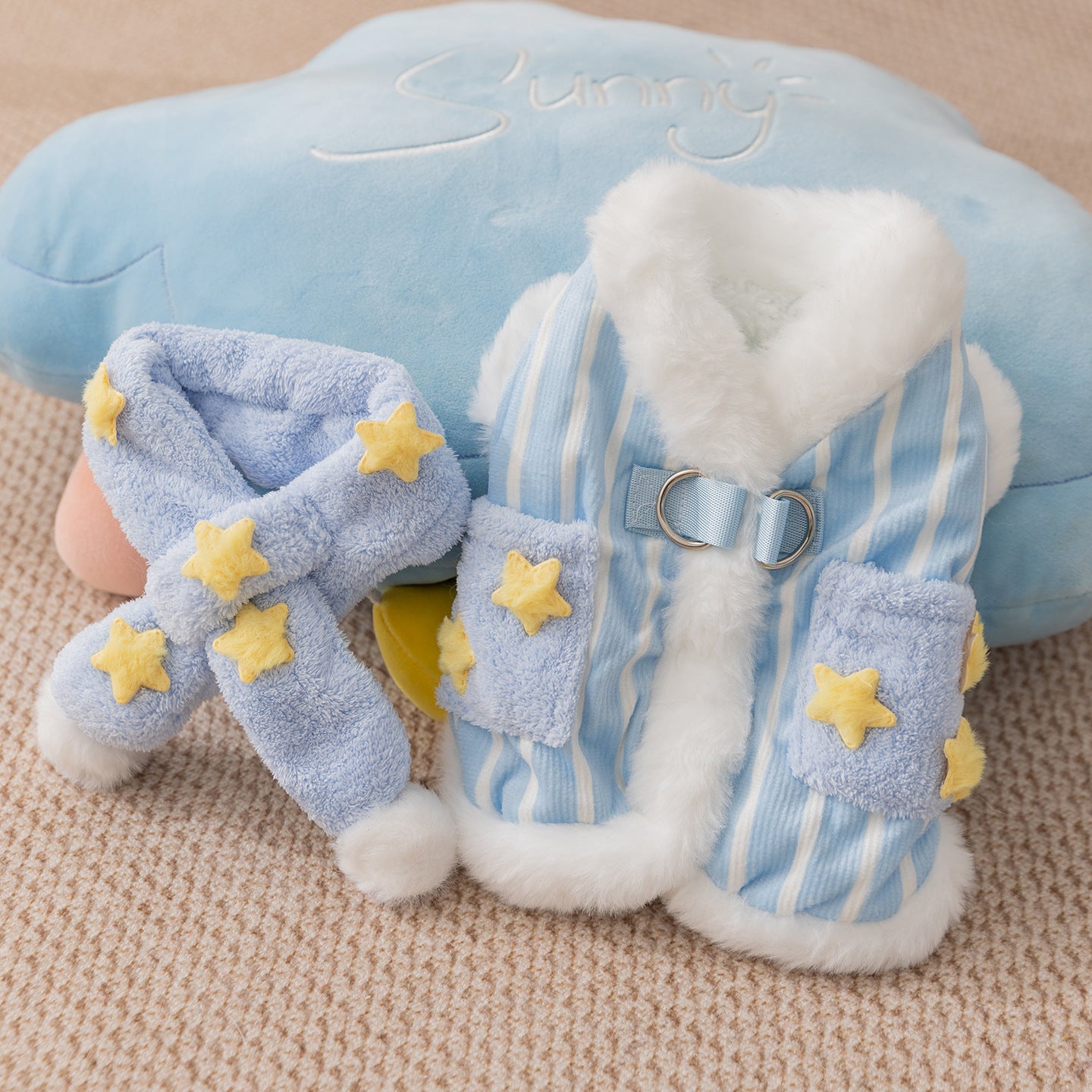 Starry Sky Striped Vest for Cats – Cozy & Stylish with Stars & Pom Poms