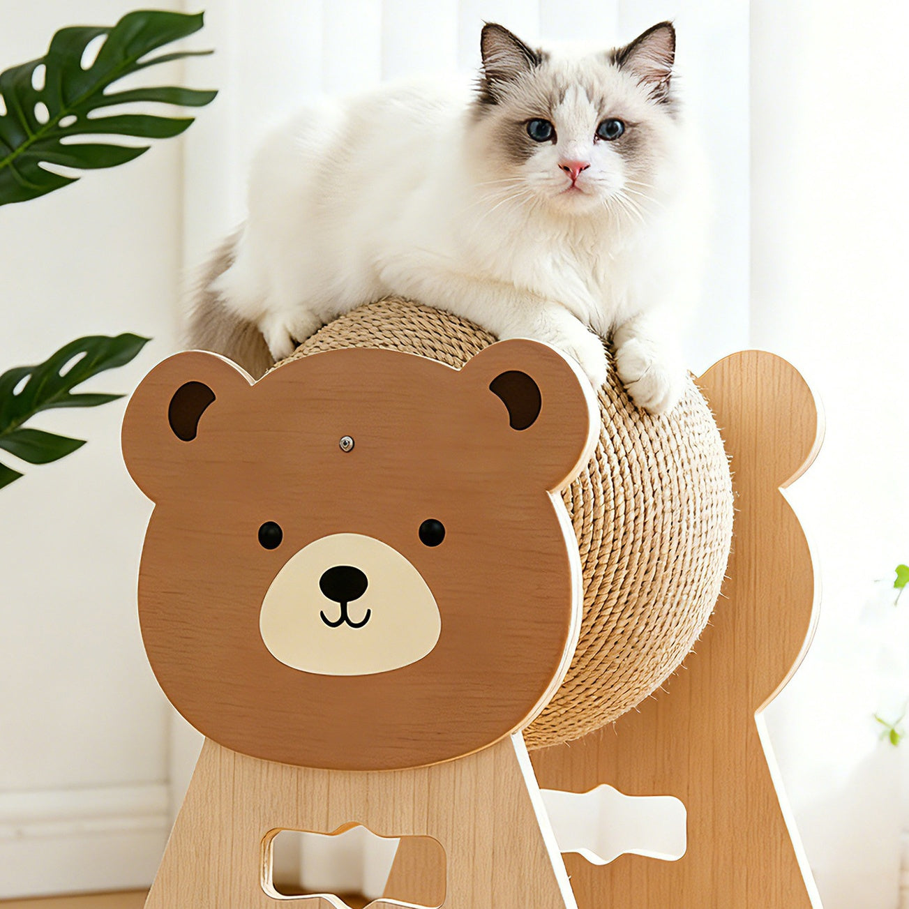 Apple & Bear Wooden Cat Scratcher – Cute Cartoon Sisal Ball Scratching Toy for Indoor Cats