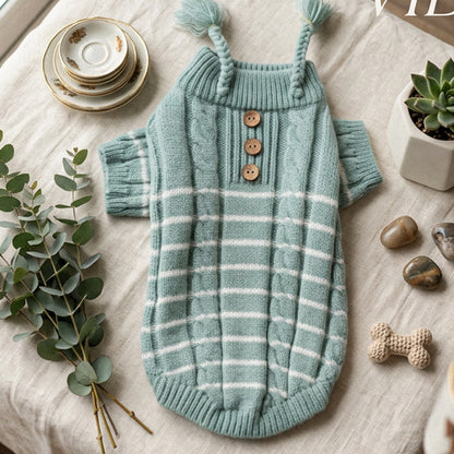 Soft Knitted Dog Sweater – Cable Knit Turtleneck Pullover with Striped Pattern & Tassel Detail