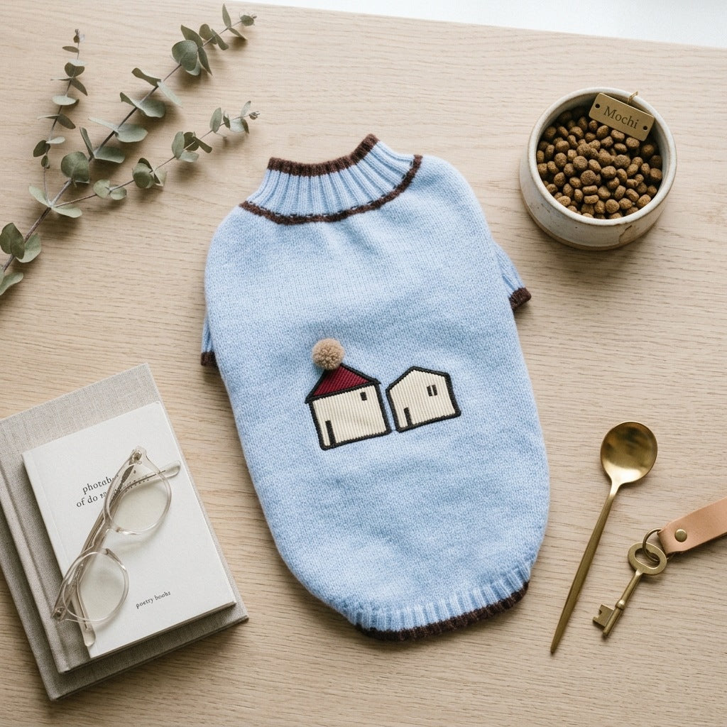 Cute Cottage Knit Dog Sweater – Soft Turtleneck Puppy Pullover with House Embroidery
