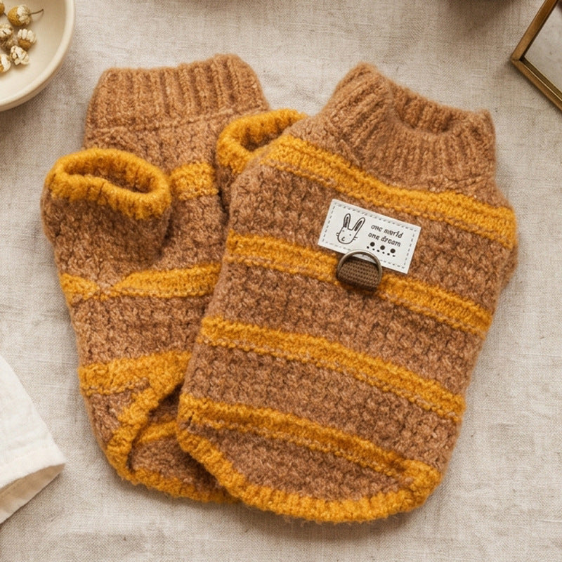 Cozy Striped Knit Dog Sweater – Soft Turtleneck Puppy Pullover with Leash Ring Detail