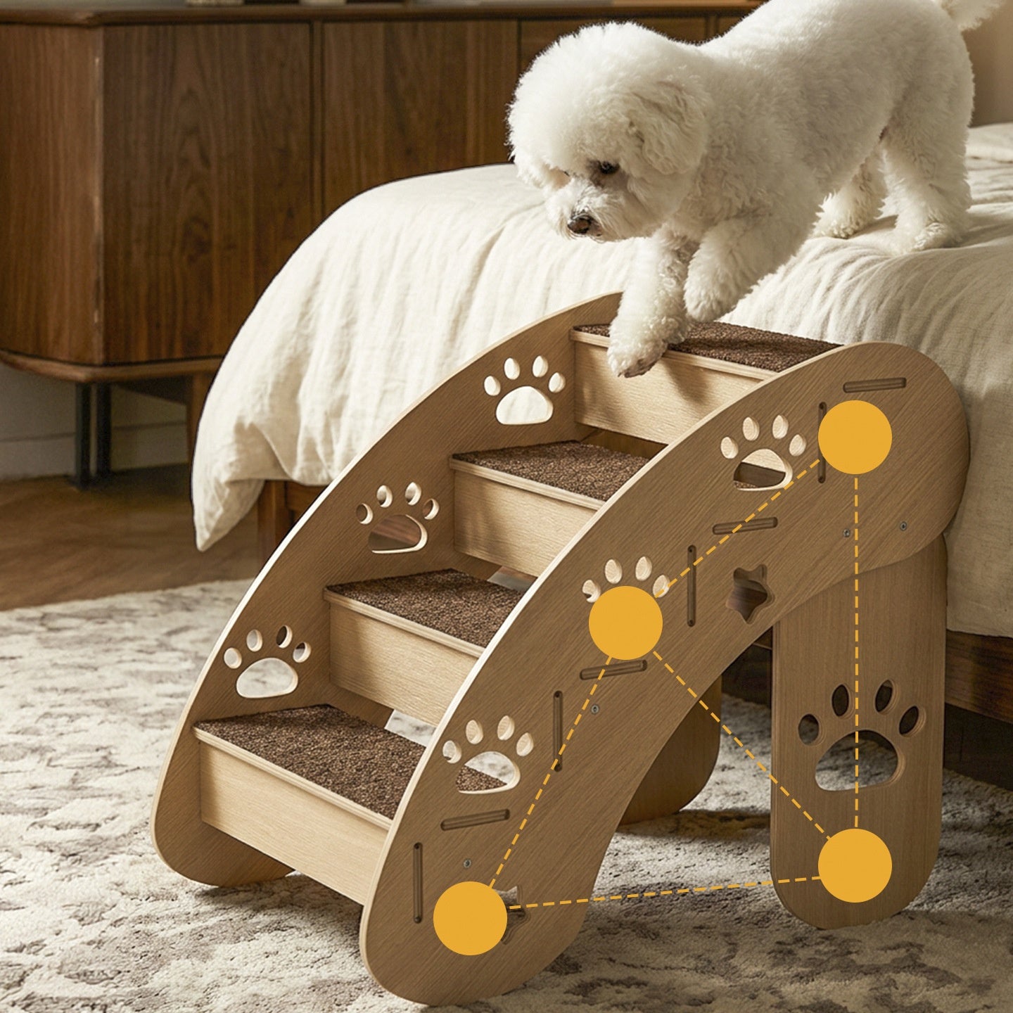 Wooden Pet Ramp & Staircase – Foldable Bedside Steps with Scratch Pads for Dogs and Cats