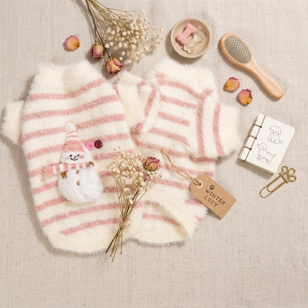 Soft Striped Knitted Dog Sweater – Cozy Winter Pullover with Cute Snowman Design
