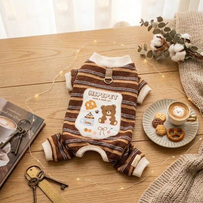 Striped Four-Leg Pet Jumpsuit – Cozy Dog Pajamas with Cartoon Patch & Leash D-Ring