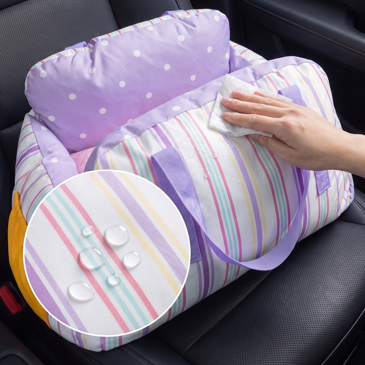 Portable Pet Car Seat Bed with Safety Strap & Storage Pocket