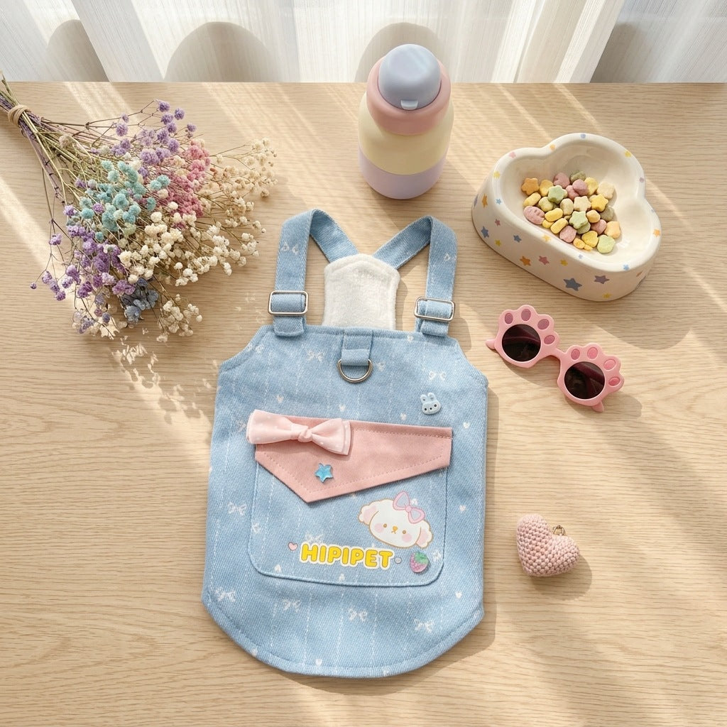 Cute Denim Canvas Dog Harness Vest – Adjustable Puppy Walking Harness with Cartoon Pocket Detail