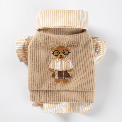 Teddy Bear Embroidered Cat Sweater | Ribbed Dress for Cats