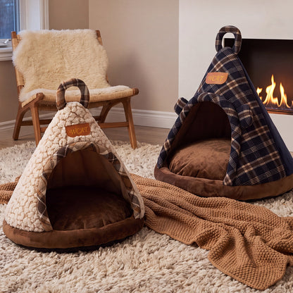 Cozy Plaid Sherpa Pet Teepee Bed – Warm Fleece Cat & Dog Tent House with Soft Cushion
