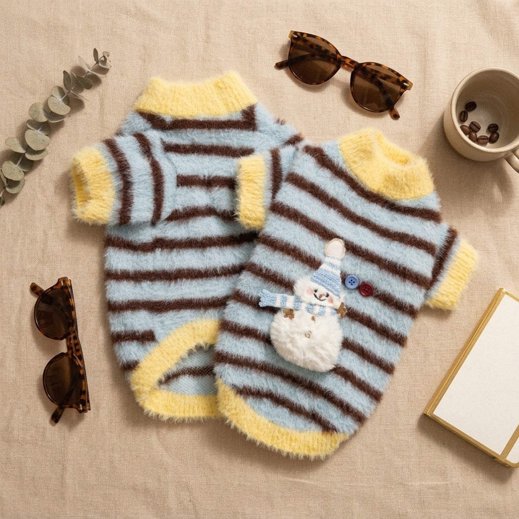 Soft Striped Knitted Dog Sweater – Cozy Winter Pullover with Cute Snowman Design