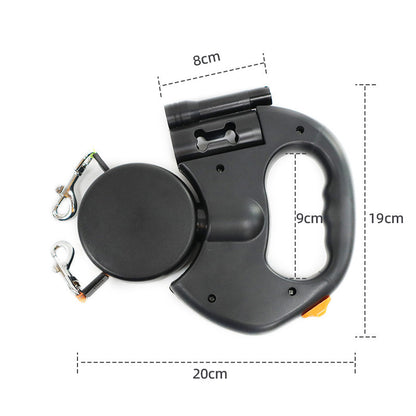 360° Dual Retractable Dog Leash – 5M Double Leash with LED Light & Waste Bag Holder