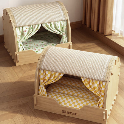 Wooden Cat House with Scratching Roof & Cushioned Bed – Indoor Cat Condo with Privacy Curtains