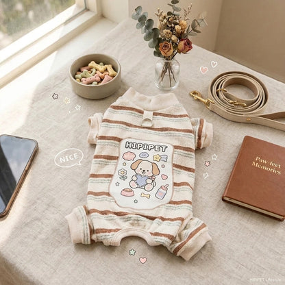 Striped Four-Leg Pet Jumpsuit – Cozy Dog Pajamas with Cartoon Patch & Leash D-Ring