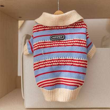 Retro Collared Tie-Up Knit Sweater for Small Dogs