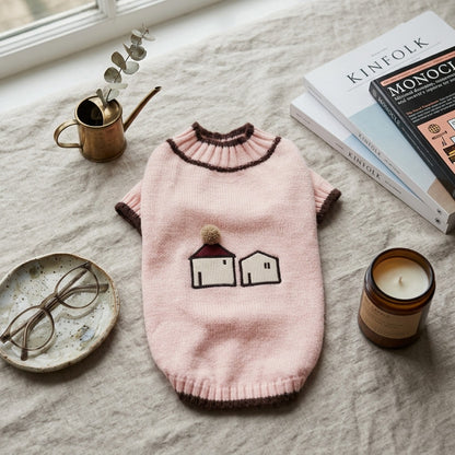 Cute Cottage Knit Dog Sweater – Soft Turtleneck Puppy Pullover with House Embroidery