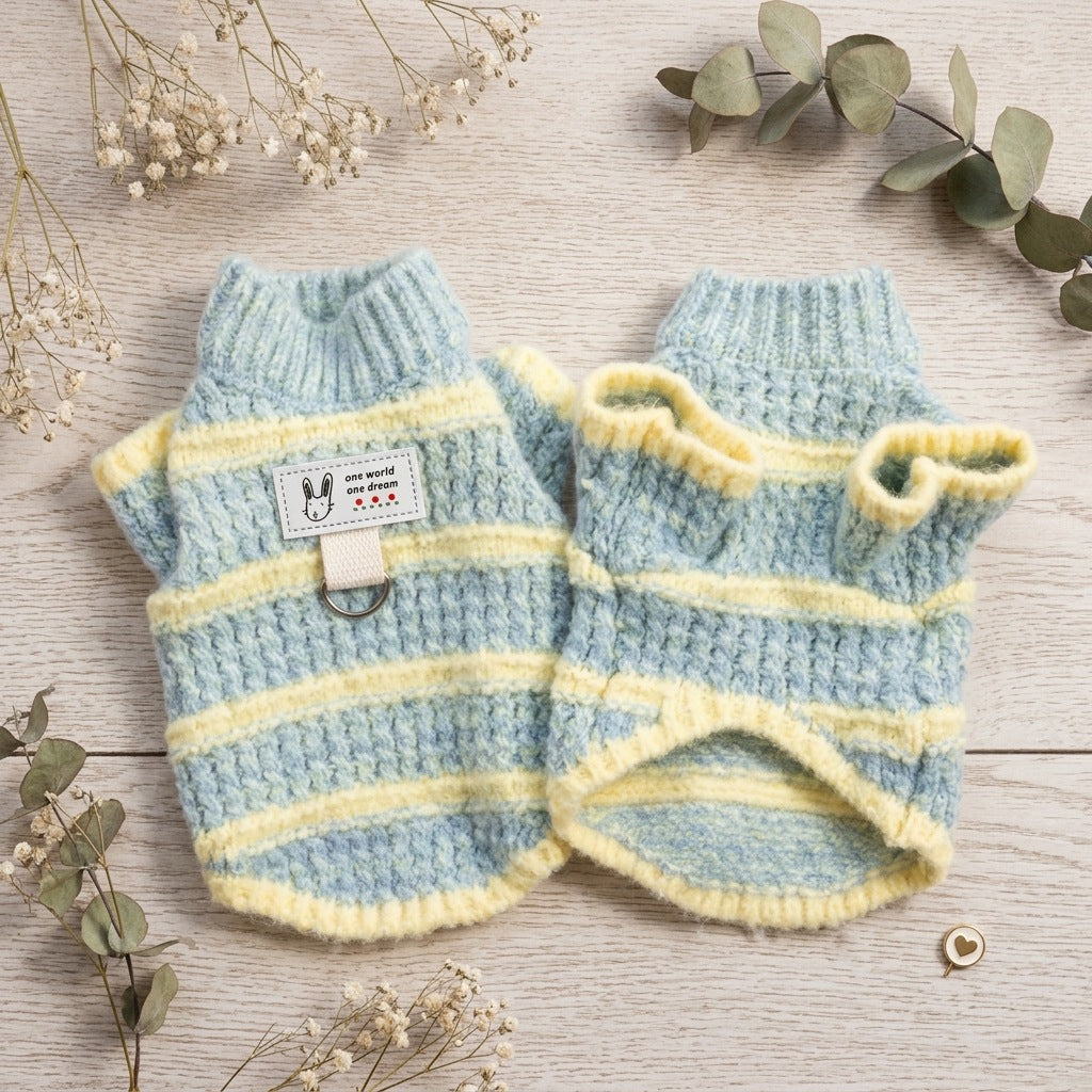 Cozy Striped Knit Dog Sweater – Soft Turtleneck Puppy Pullover with Leash Ring Detail