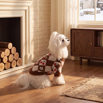 Cozy Cherry Argyle Dog Sweater – Soft Fuzzy Knit Pullover for Cool Weather