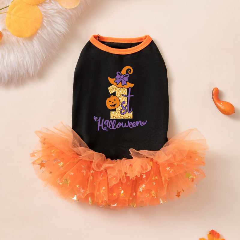 Spooky Pumpkin Halloween Dog Dress – Black & Orange Tutu Pet Costume