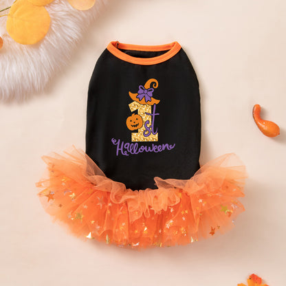 Spooky Pumpkin Halloween Dog Dress – Black & Orange Tutu Pet Costume