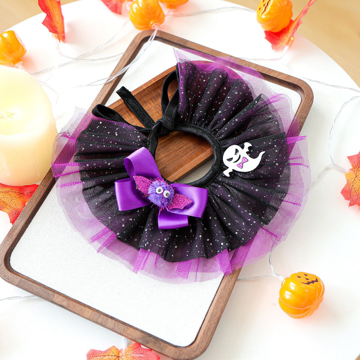 Halloween Dog Collar Costume – Tulle Ruffle Pet Neckwear with Pumpkin, Ghost & Skull Decor