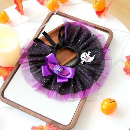Halloween Dog Collar Costume – Tulle Ruffle Pet Neckwear with Pumpkin, Ghost & Skull Decor