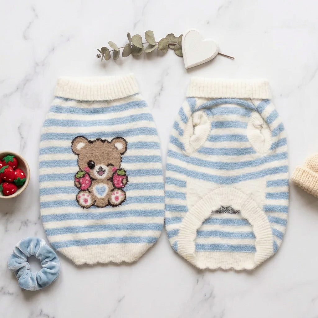 Cute Striped Pet Sweater – Soft Knit Sleeveless Dog & Cat Jumper with Cartoon Bear or Lamb Design