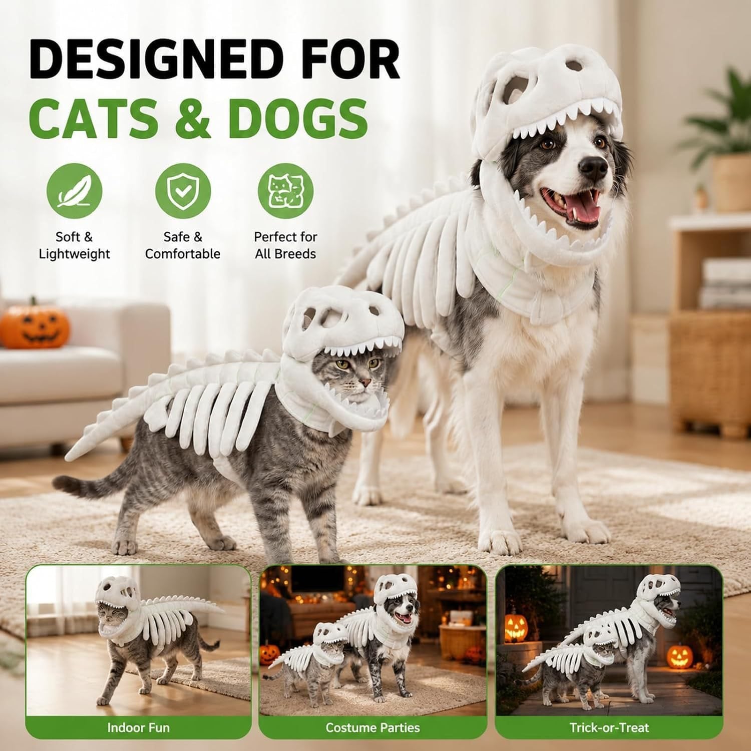 Dinosaur Skeleton Halloween Costume for Cats & Dogs – Funny Pet Costume with 3D Bones