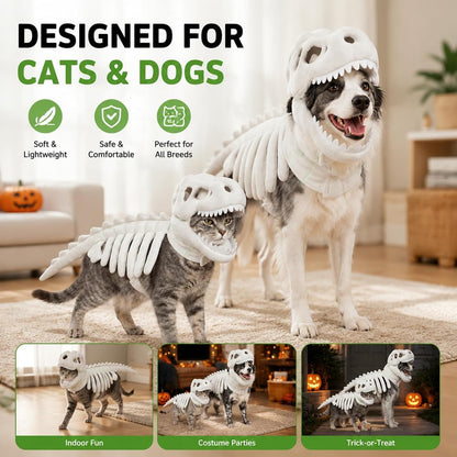 Dinosaur Skeleton Halloween Costume for Cats & Dogs – Funny Pet Costume with 3D Bones