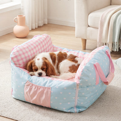 Portable Dog Car Seat Bed with Padded Sides & Storage Pocket