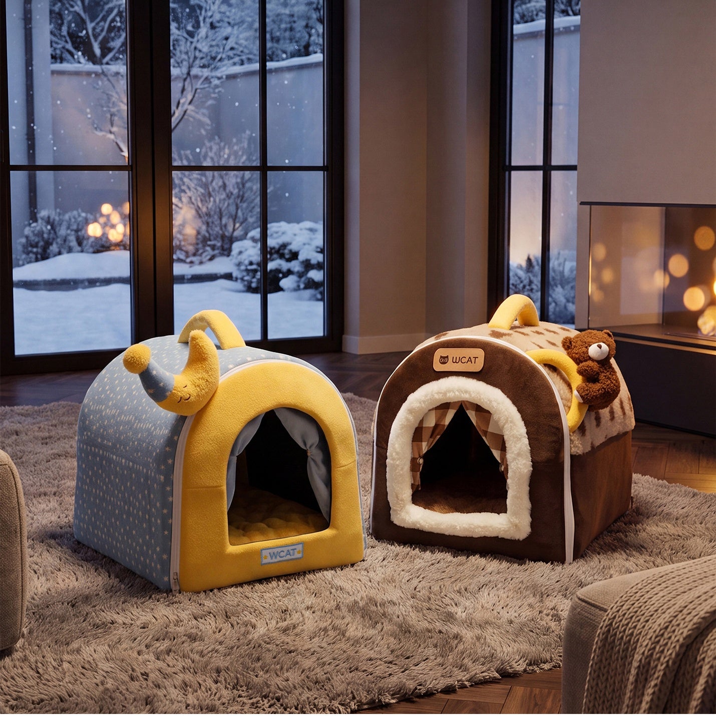 Cozy Enclosed Dog House Bed – Warm Plush Pet Cave with Curtains & Carry Handle for Dogs and Cats