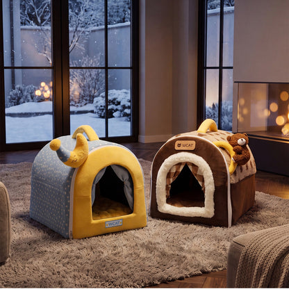 Cozy Enclosed Dog House Bed – Warm Plush Pet Cave with Curtains & Carry Handle for Dogs and Cats