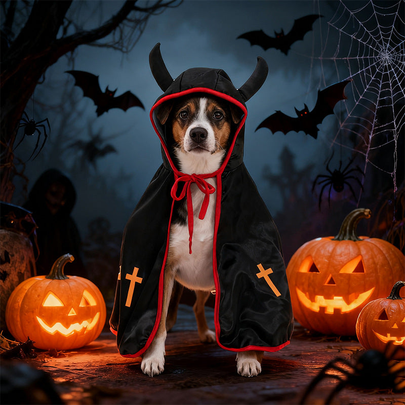 Devil Dog Halloween Costume – Horned Hooded Cape with Pumpkin & Cross Print