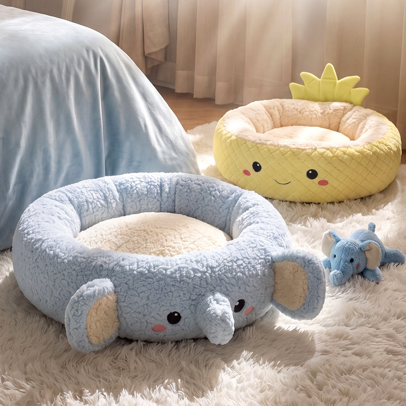 Cute Cartoon Plush Pet Bed for Dogs & Cats – Cozy Round Nest with Raised Sides