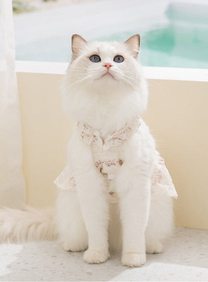 Cute Cat Harness Dress – Floral Adjustable Outfit with Leash Ring