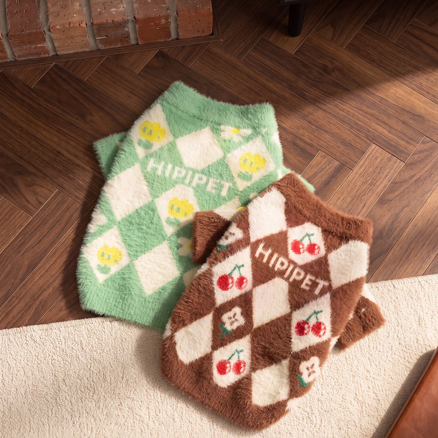 Cozy Cherry Argyle Dog Sweater – Soft Fuzzy Knit Pullover for Cool Weather