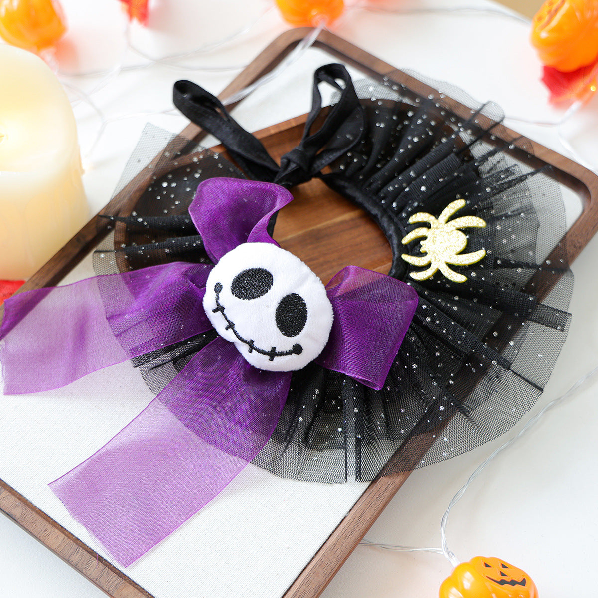 Halloween Dog Collar Costume – Tulle Ruffle Pet Neckwear with Pumpkin, Ghost & Skull Decor